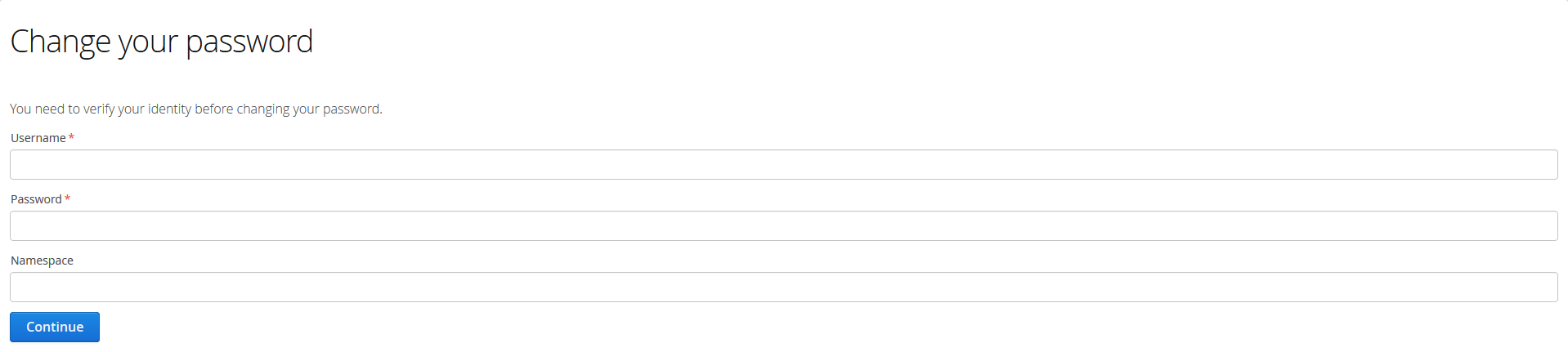 Password change view asking for username, password and namespace