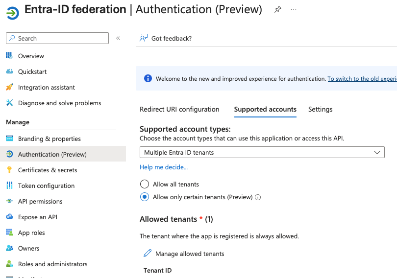 Existing application settings