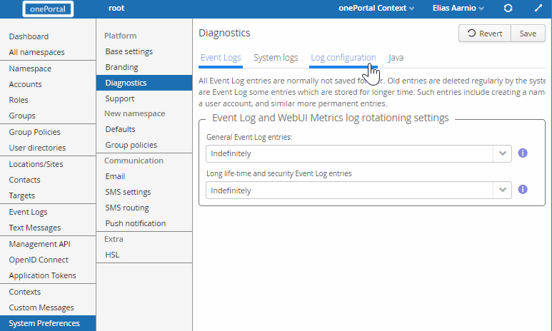 Screenshot of Event Log rotation settings view