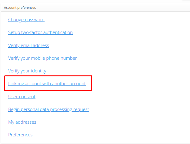 Dashboard's Account preferences panel, with Link my account with another account highlighted