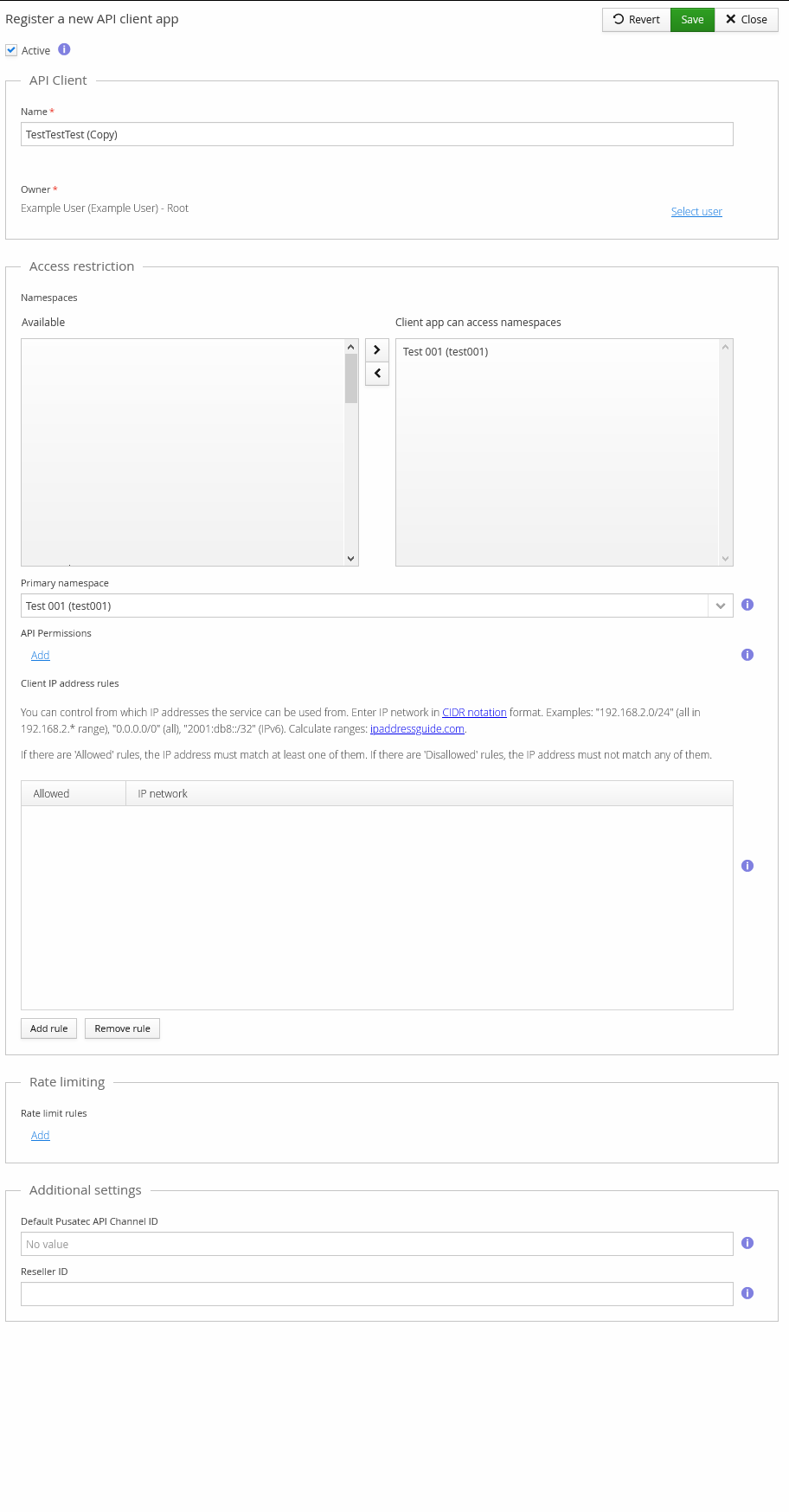 API client editor, with API Client, Access restriction, Rate limiting, and Additional settings sections