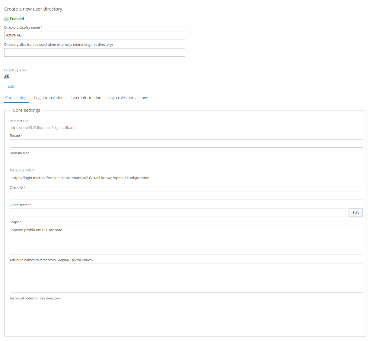 Azure AD directory's Core settings tab, with Tenant, Client ID, Client secret, Scope, and the generated Redirect URL