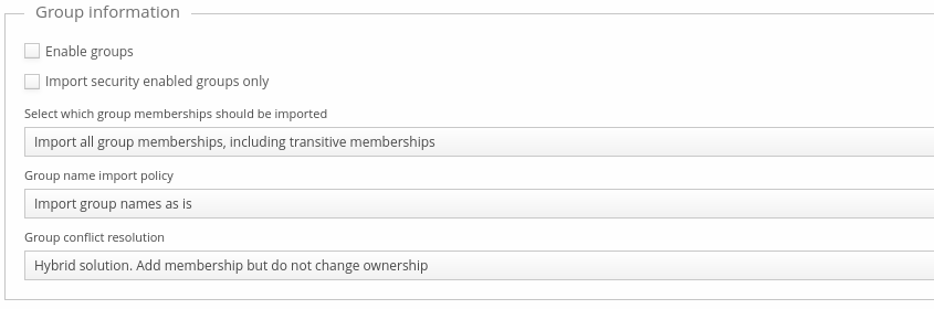 Azure AD directory's Group information section, with group membership import and conflict resolution settings