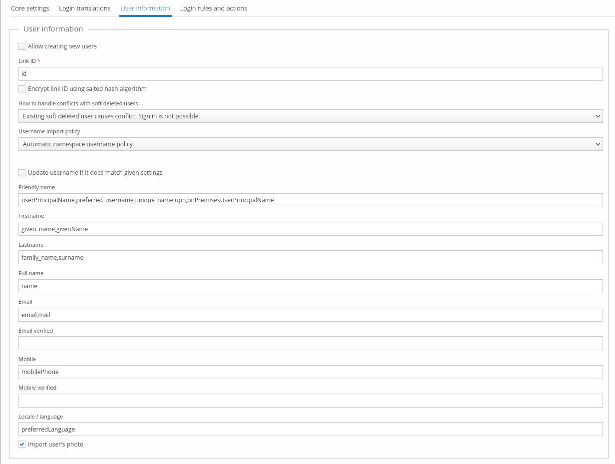 Azure AD directory's User information tab, with attribute mappings and the Import user's photo checkbox