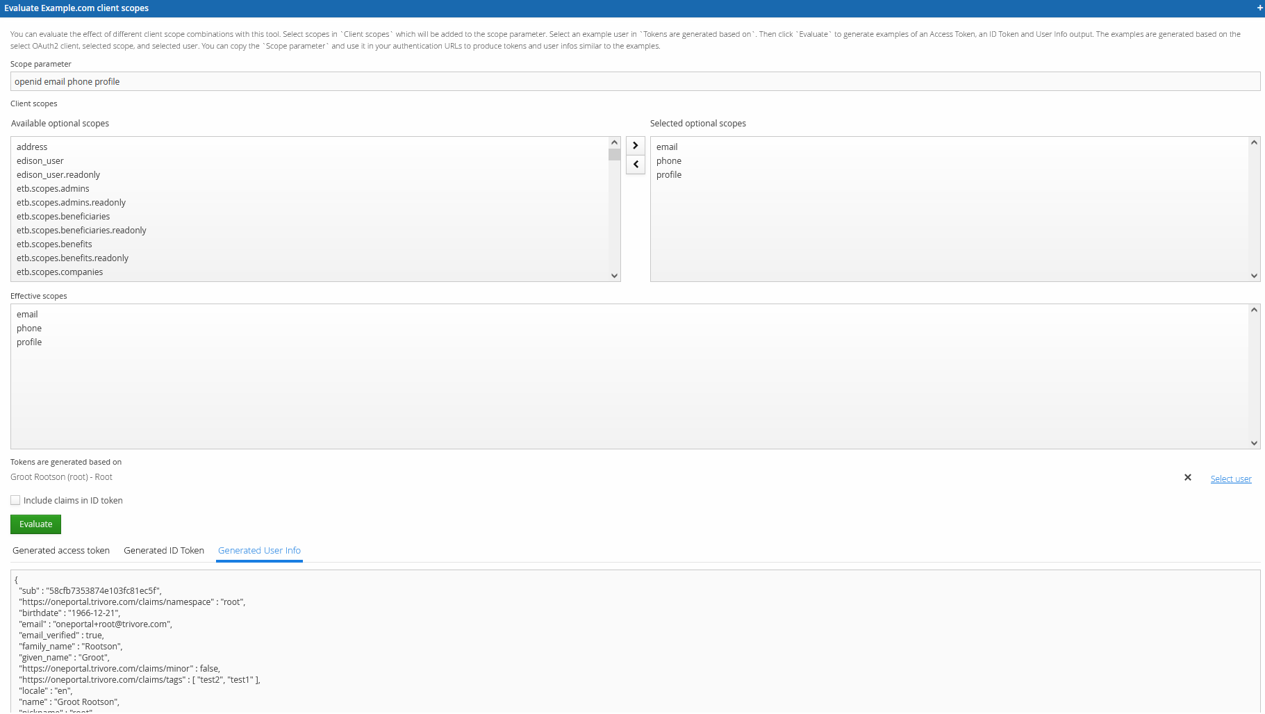 Client Scope Evaluation tool, with Scope parameter, Client scopes, Effective scopes, and generated token/UserInfo output