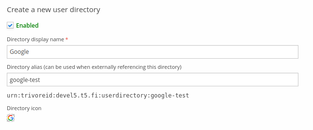 User directory editor's display options: Enabled, Directory display name, Directory alias, and Directory icon