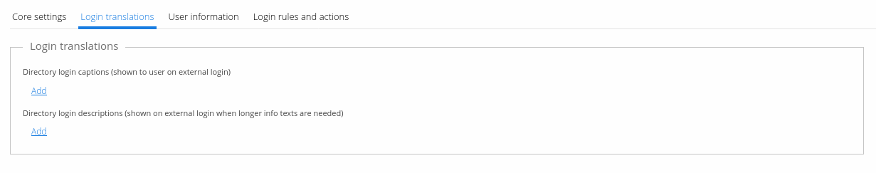 User directory editor's Login translations tab, with Add links for login captions and descriptions