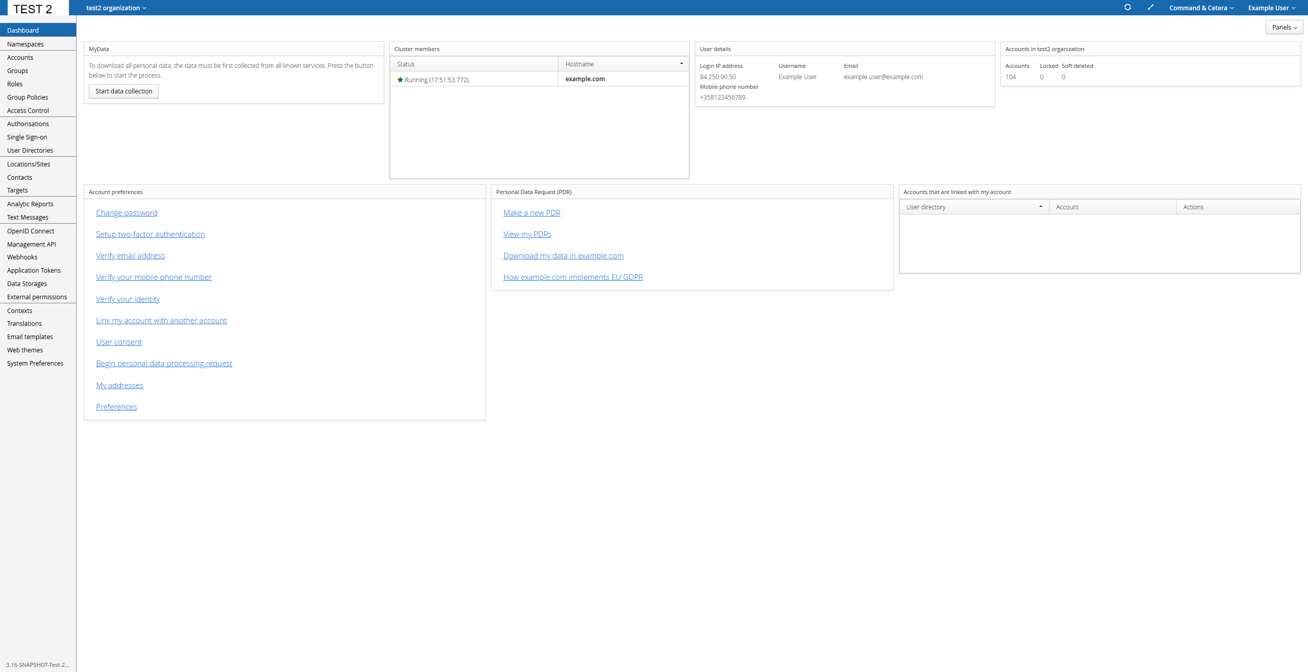 Dashboard view for a regular user account