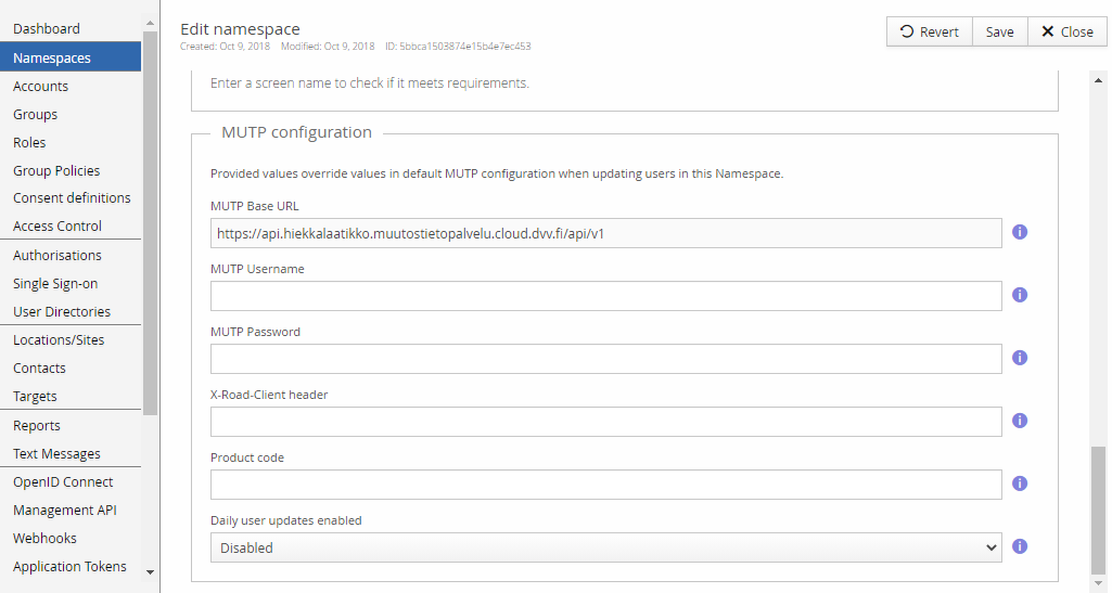 Namespace editor's MUTP configuration section, with overridable base URL, credentials, X-Road-Client header, product code, and the Daily user updates enabled setting
