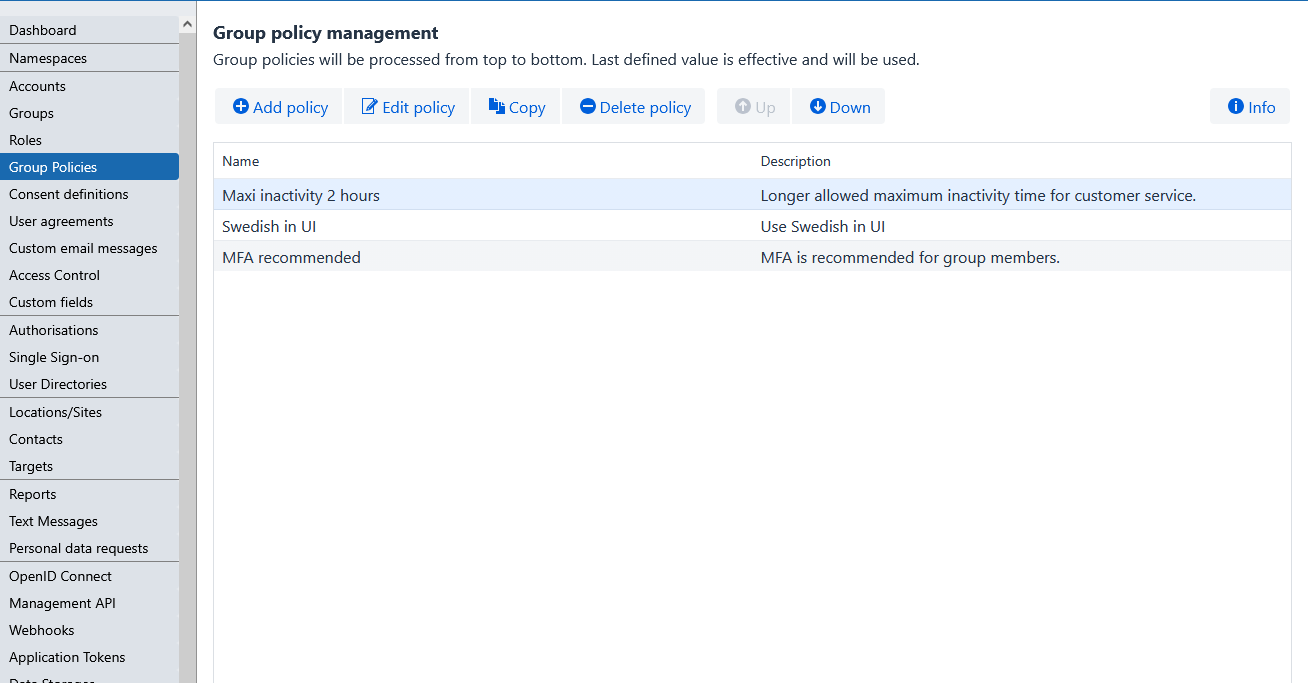 Group policy management view, listing custom Group Policies with Add, Edit, Copy, Delete, Up, and Down actions