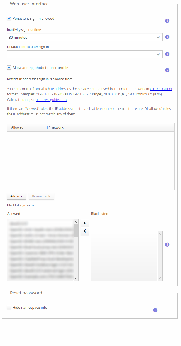 Group policy editor's Reset password tab, with Hide namespace info checked