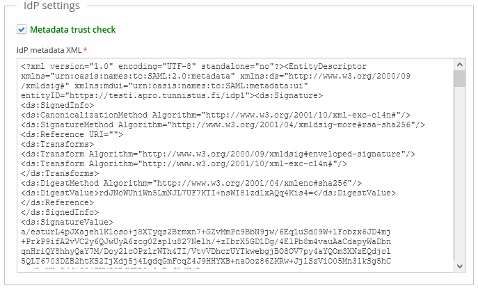 User directory editor's IdP settings tab, with the IdP metadata XML field