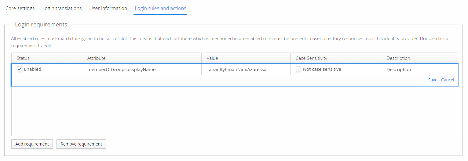 Login rules and actions tab, with a requirement matching Azure AD's memberOfGroups.displayName attribute against a group name