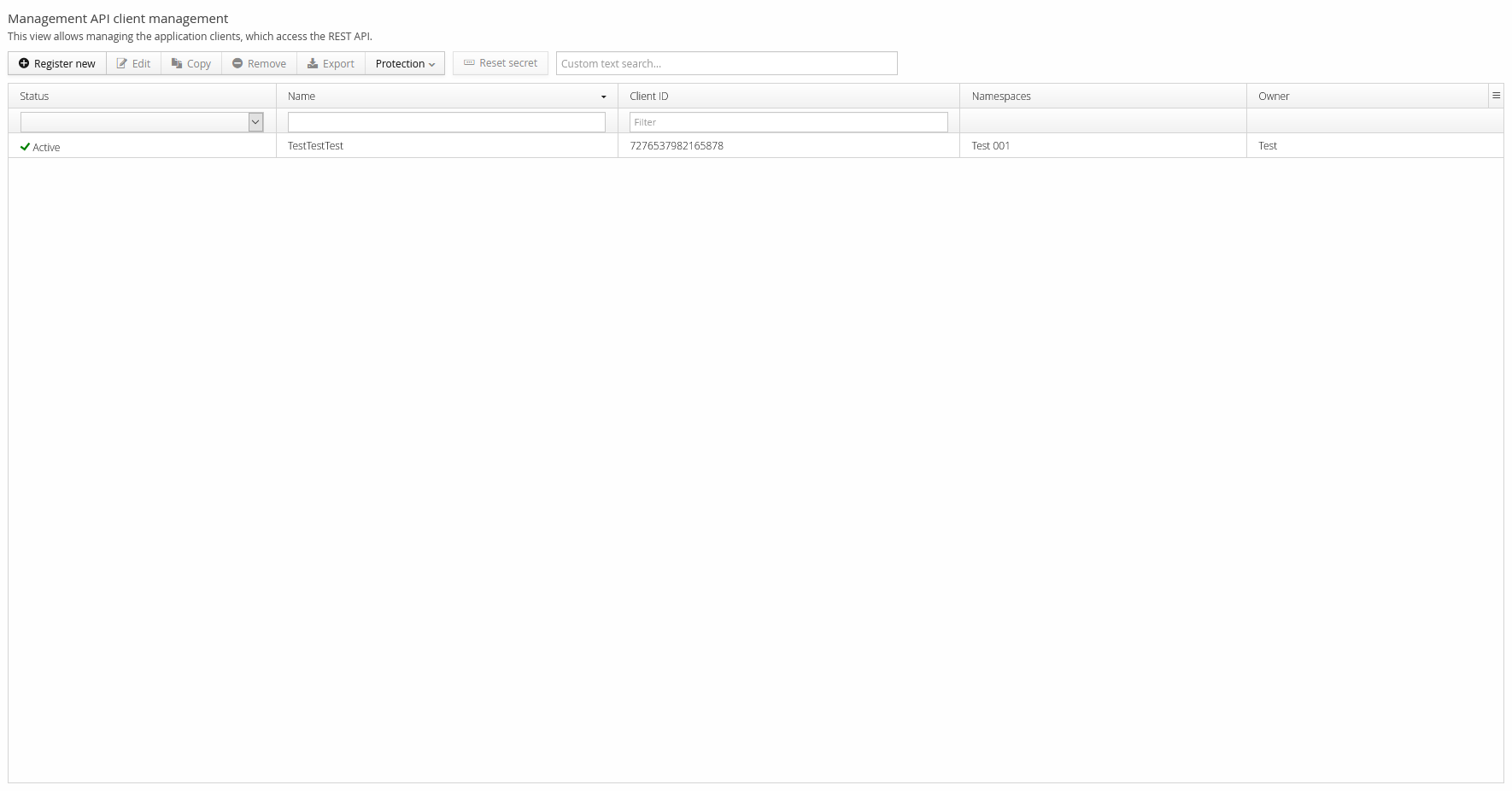 Management API Clients view, listing registered clients with their Client ID, Namespaces, and Owner