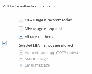 Multifactor authentication options in a policy's Security tab
