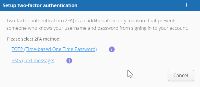 Setup two-factor authentication dialog, with SMS selected as the method