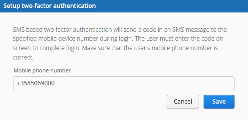 SMS-based MFA setup dialog with a field for the mobile phone number