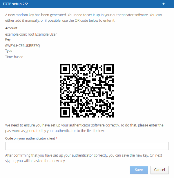 TOTP setup step 2 of 2, showing the QR code and a field to confirm the generated code