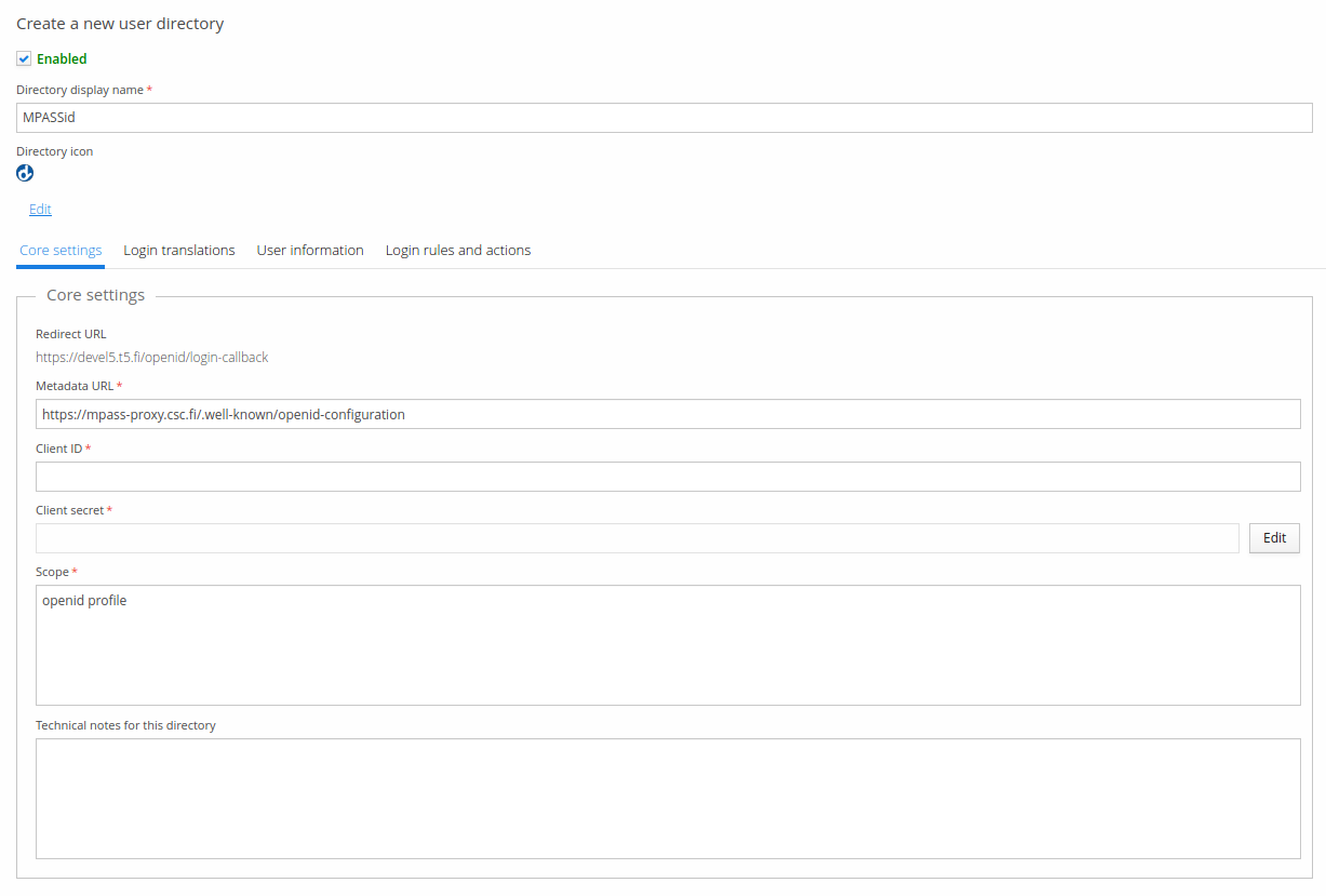 MPASSid directory's Core settings tab, with Metadata URL, Client ID, Client secret, Scope, and the generated Redirect URL