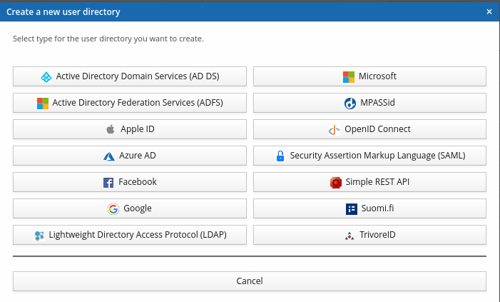 Create a new user directory dialog, listing available directory types including MPASSid