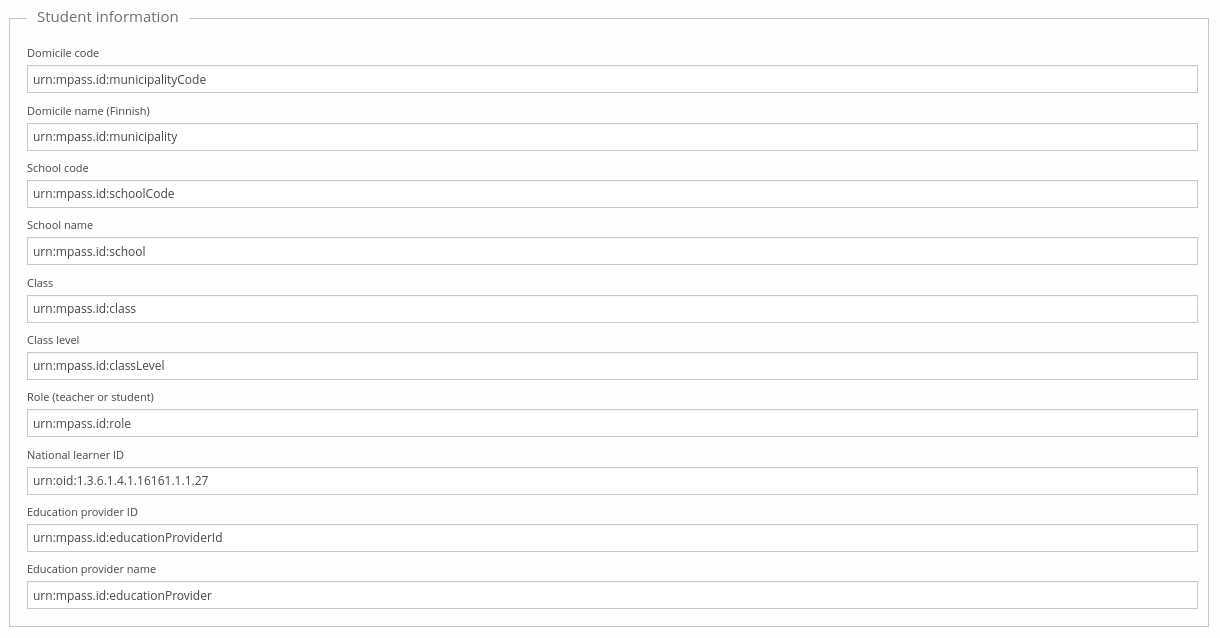 MPASSid directory's Student information section, with attribute mappings for domicile, school, class, and education provider