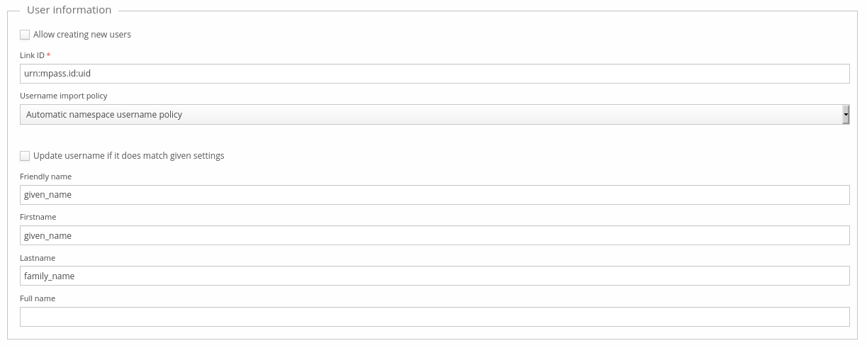 MPASSid directory's User information tab, with attribute mappings such as Link ID and name fields