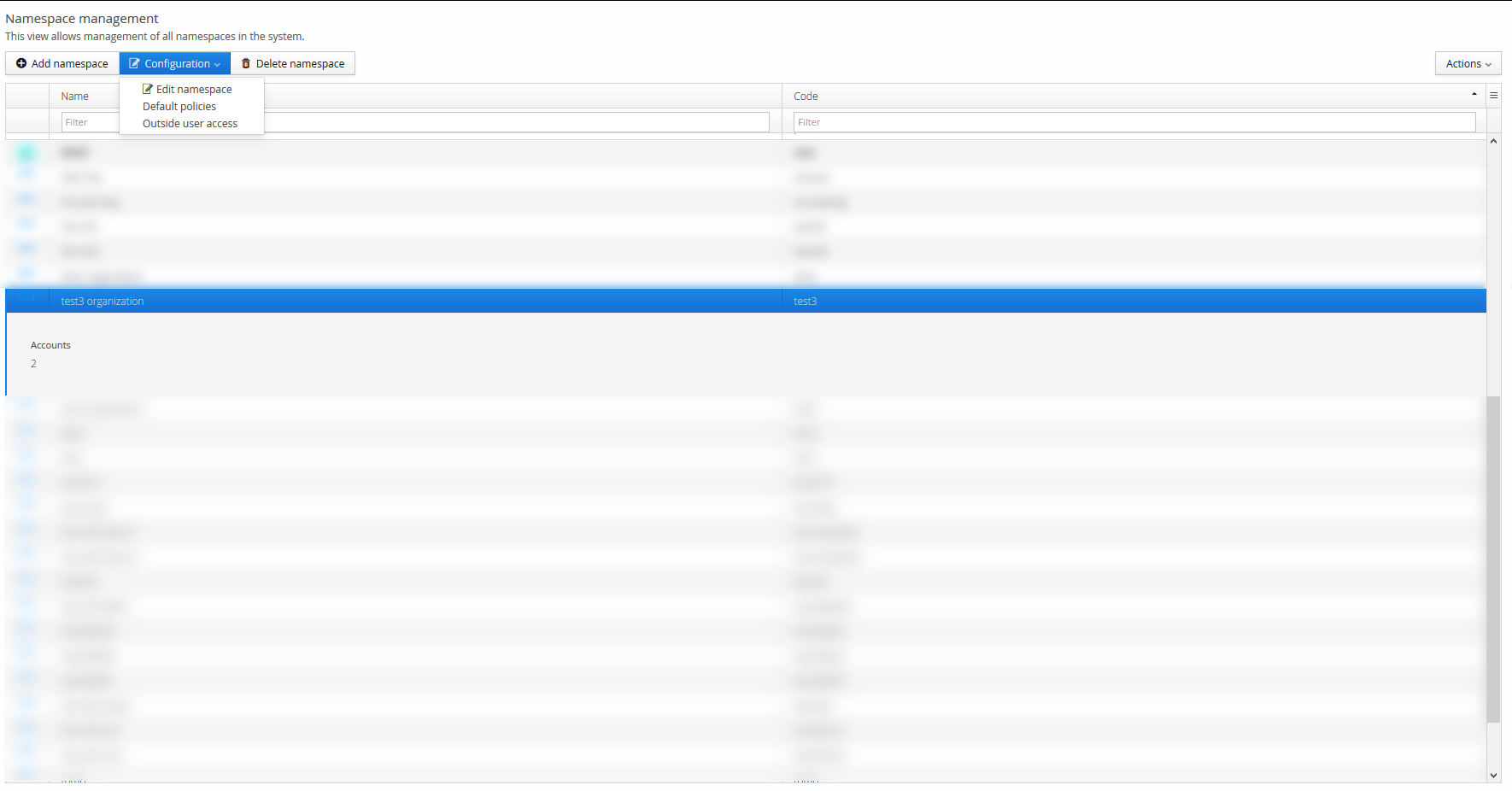 Namespace management view with the Configuration menu open, showing the Default policies option