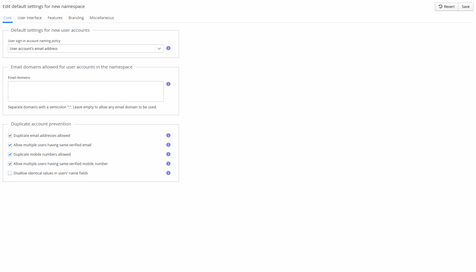 Default settings for new namespace, Core tab