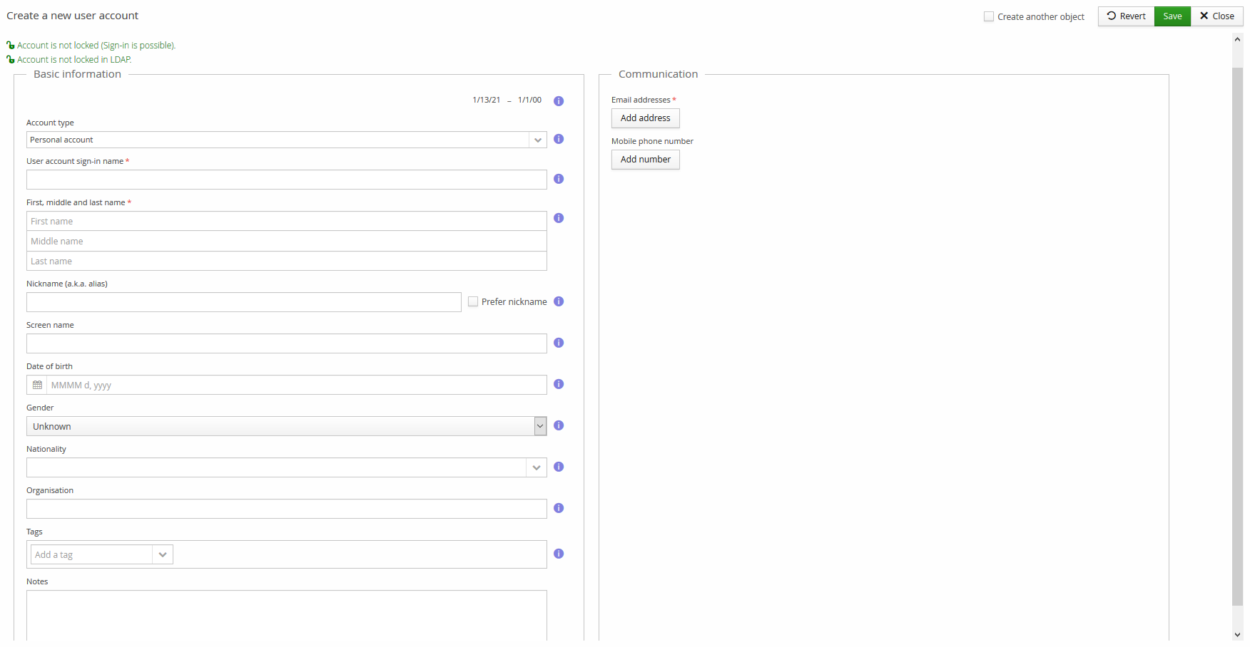 Core tab shown when creating a new user account