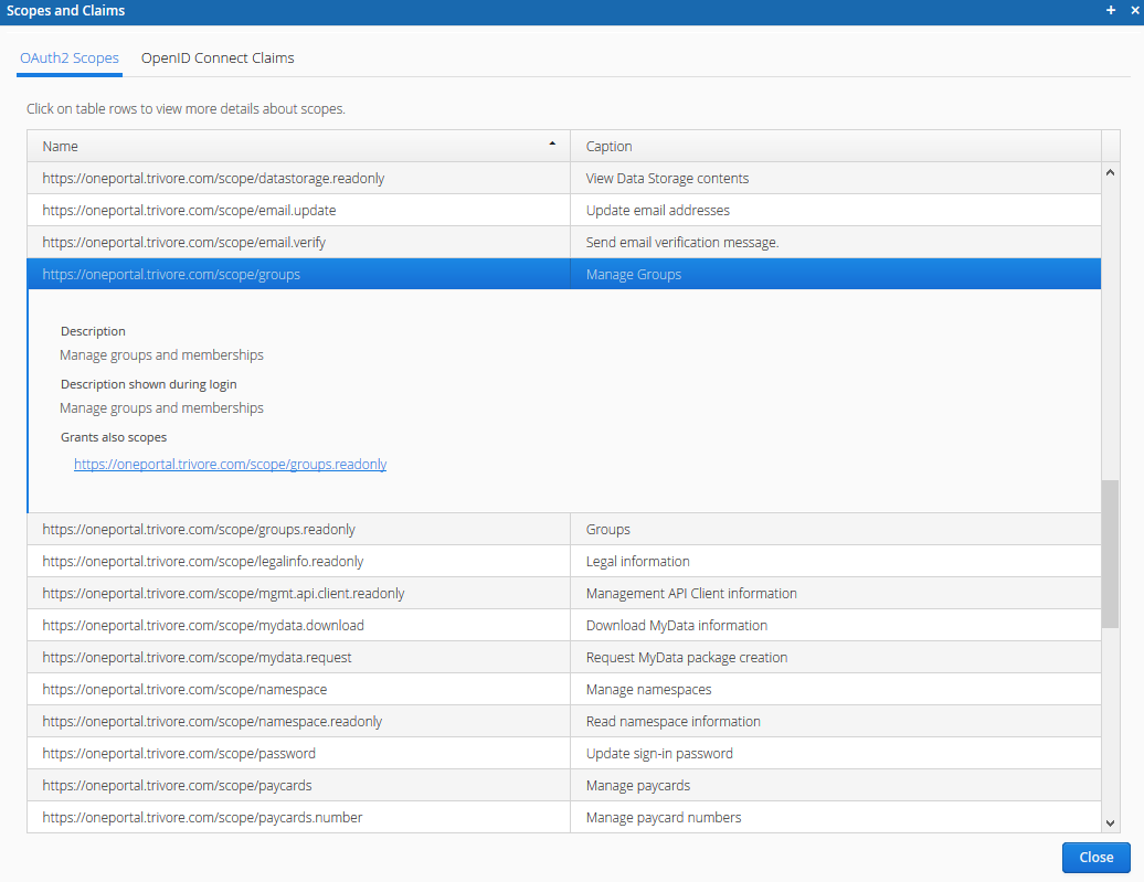 OAuth2 Scopes tab, listing scope names and captions, with one scope's details and granted-also scopes expanded