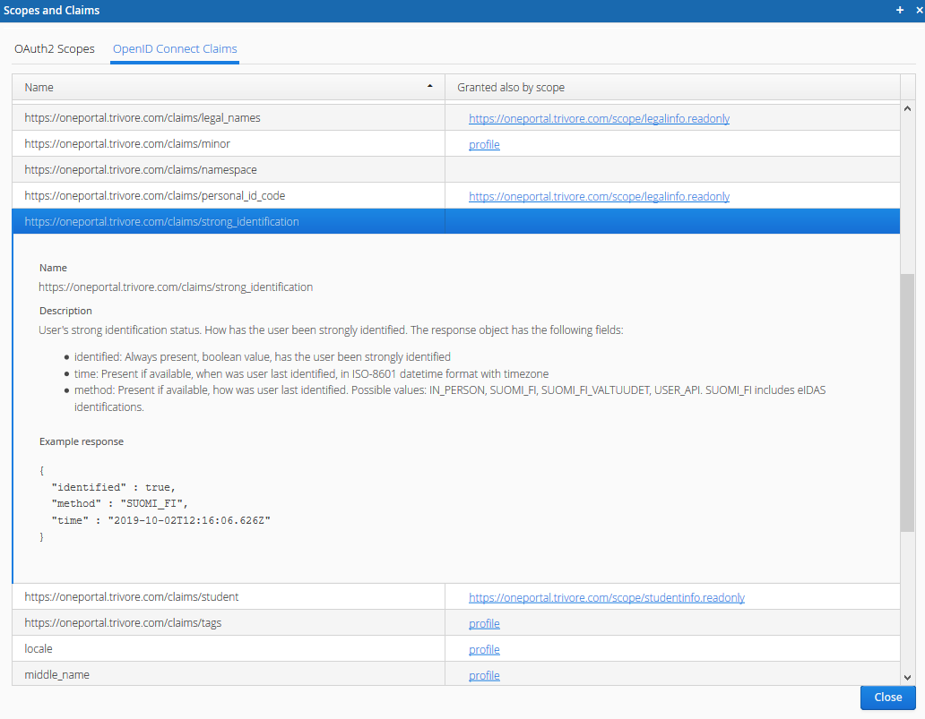 OpenID Connect Claims tab, listing claim names and which scopes grant them, with one claim's details and example response expanded
