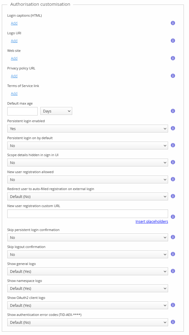 OIDC client's Authorisation customisation settings, including new user registration and logo options