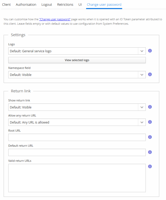 OIDC client's Change user password tab, with Logo, Namespace field, and Return link settings