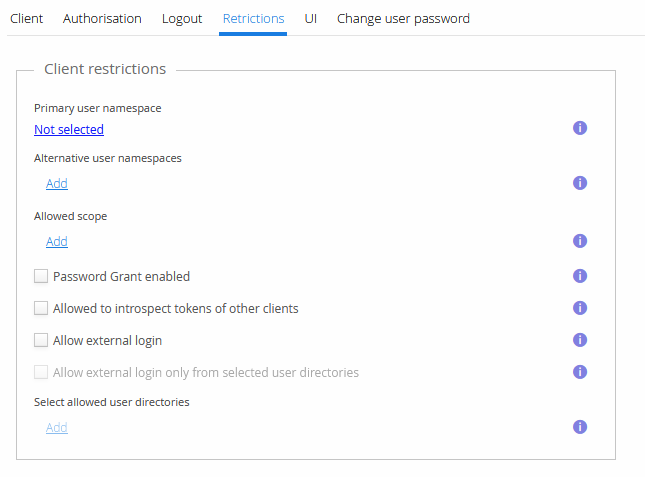 OIDC client's Client restrictions tab, with Primary user namespace and Alternative user namespaces