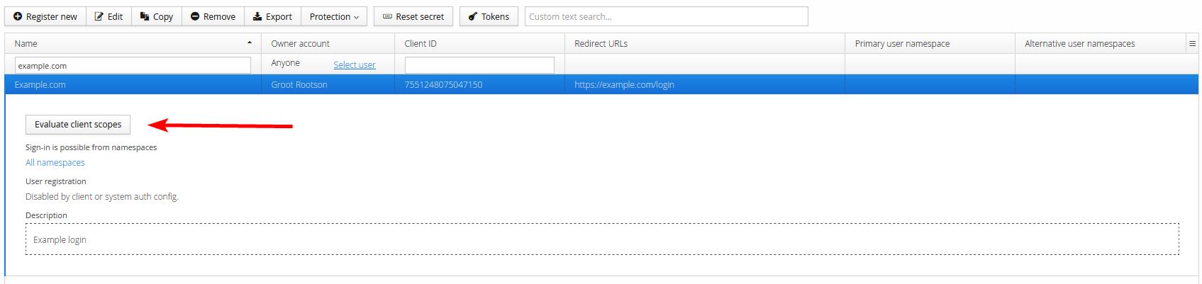 OpenID Connect client list, with the Evaluate client scopes button highlighted