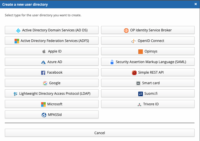 Create a new user directory dialog, with OP Identity Service Broker as the selected directory type