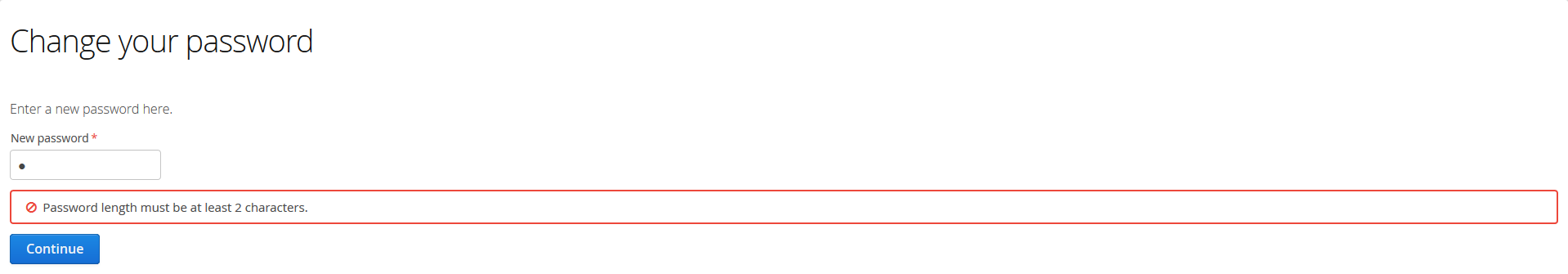 Change your password form showing a validation error