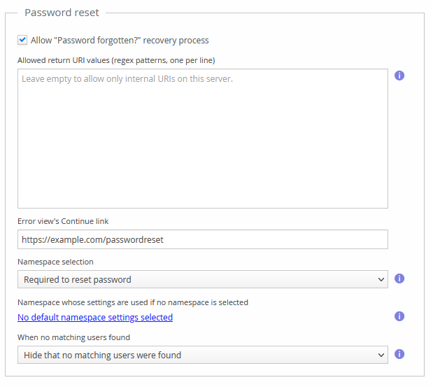 Form for changing password reset options