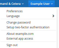 Personal Menu opened from the Top Bar, showing Preferences, Language, Change password, Setup two-factor authentication, About, External app access, and Sign out