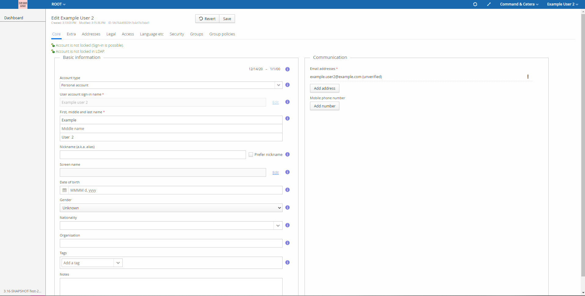 Main Menu for a normal user account in the Trivore ID context, showing only Dashboard