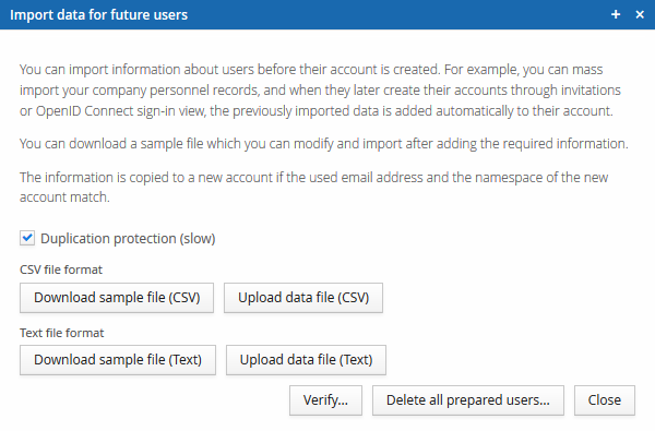 Sample import file with prepared user data, including a required email address column