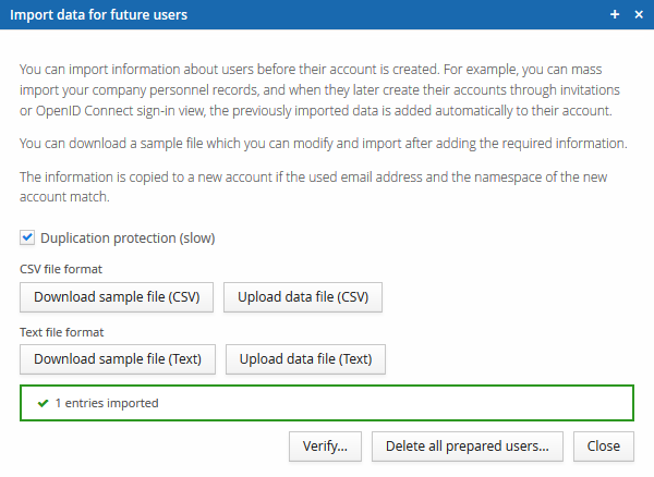 Import progress dialog showing the count of created Prepared Users