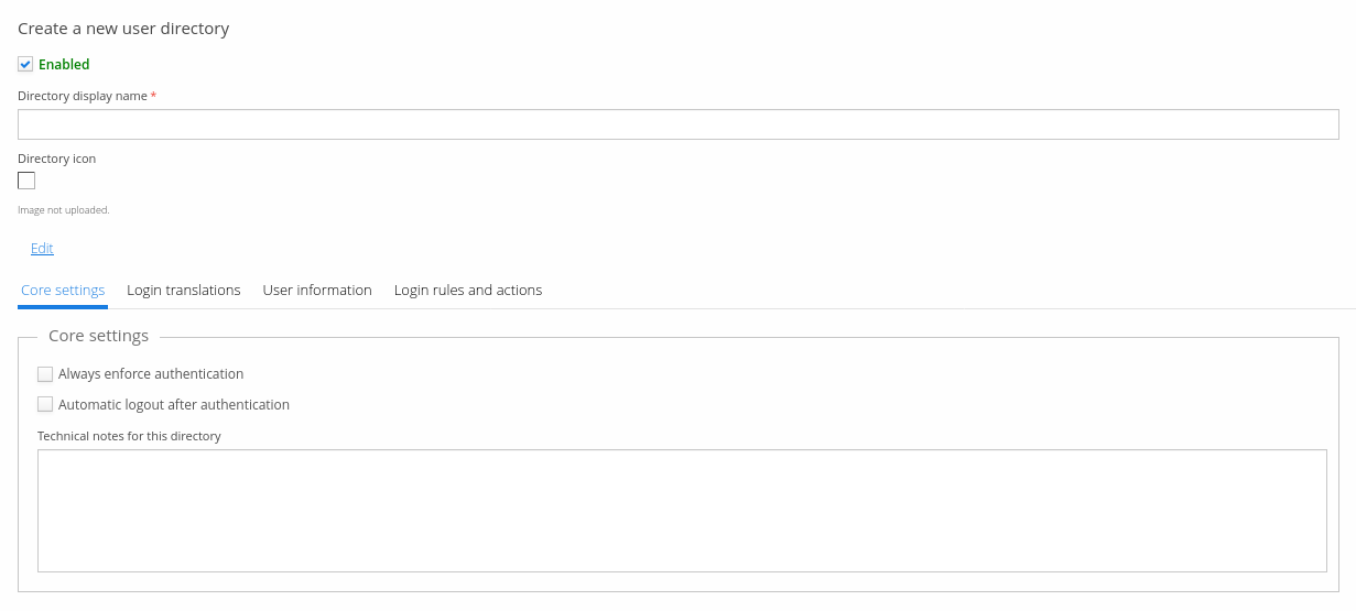 SAML directory's Core settings tab, with Always enforce authentication, Automatic logout after authentication, and Technical notes