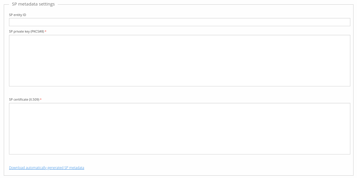 SAML directory's SP metadata settings, with SP entity ID, SP private key (PKCS#8), and SP certificate (X.509) fields