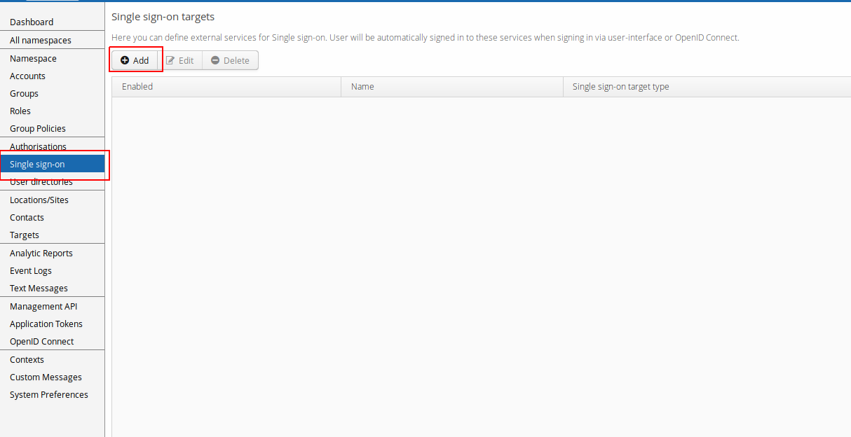 Single Sign-On targets list, with the Add button highlighted