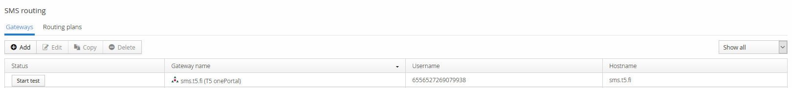 SMS routing's Gateways tab, listing configured SMS gateways with a Start test button per row