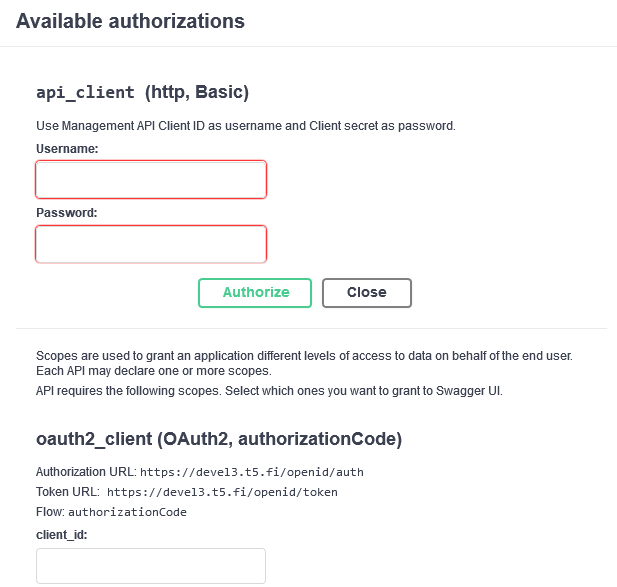 Available authorizations popup, showing Basic authentication with API Client credentials and OAuth2 authentication with a user access token