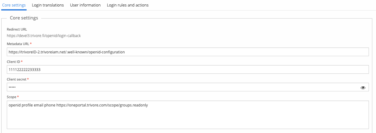 Trivore ID directory's Core settings, with Redirect URL, Metadata URL, Client ID, Client secret, and Scope