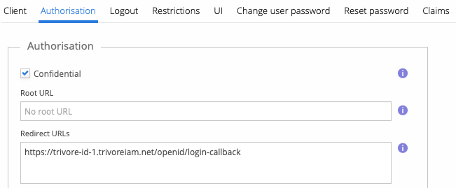 OpenID client's Authorisation tab, with the Redirect URL from Trivore ID-1 added