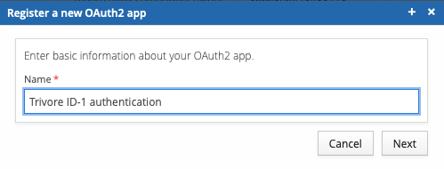 Register a new OAuth2 app dialog, with the app's name entered